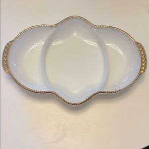 Vintage Fire-King Milk Glass Divided Relish Dish Gold Scalloped Rim